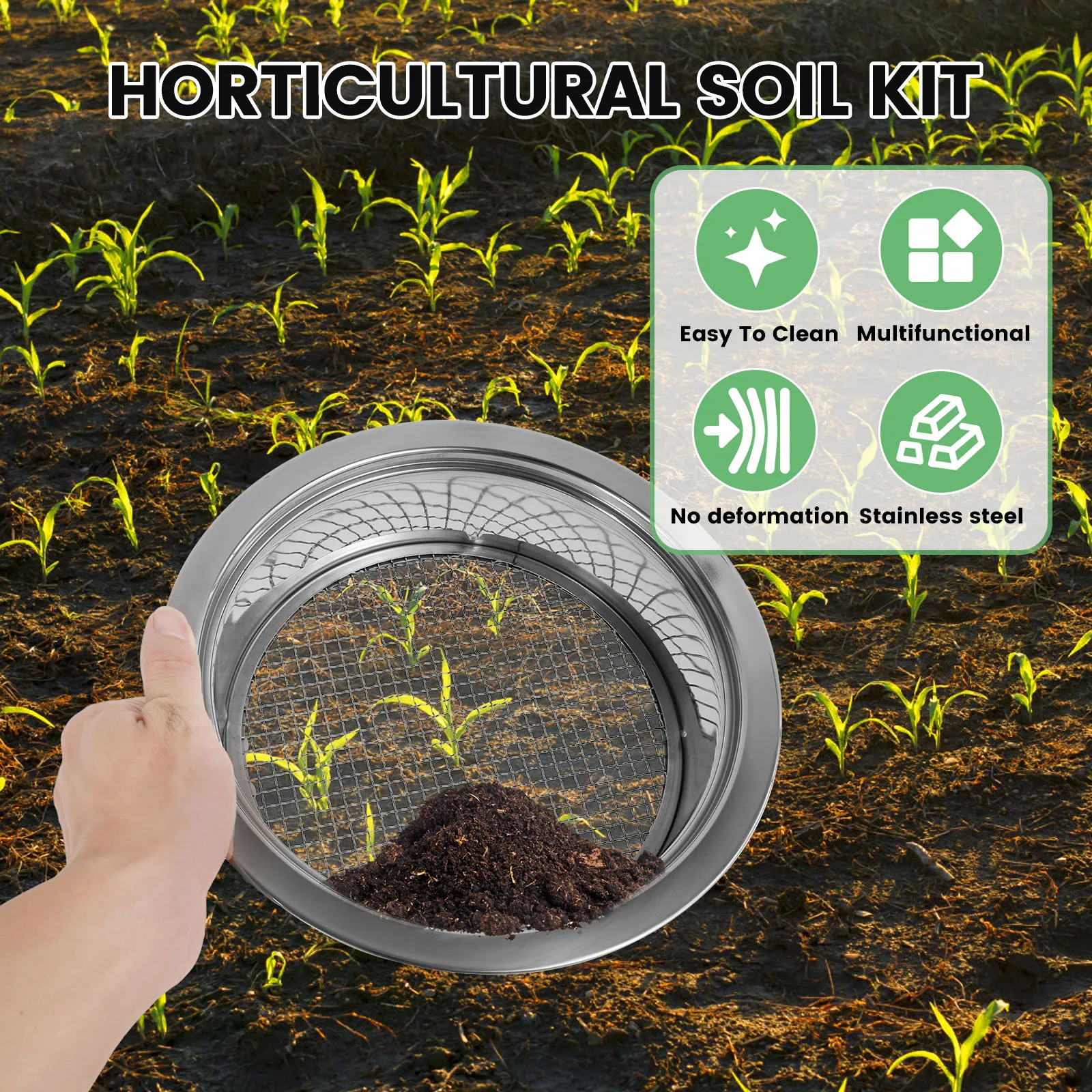 Garden Soil Sieve Set Stainless Steel Bonsai Rock Sifter with 5 Interchangeable Filter Mesh Sizes 1/3/6/9/12mm Compost Sifter