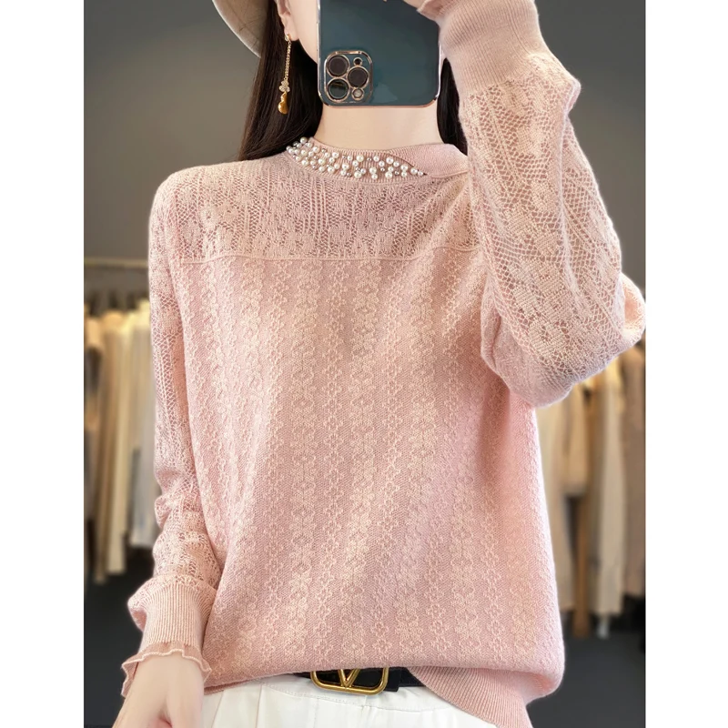 

2024 Spring Summer Cashmere sweater Women Thin Knitted Sweater Mock Neck Long Sleeve Pullover High Quality Elegant Unique Top