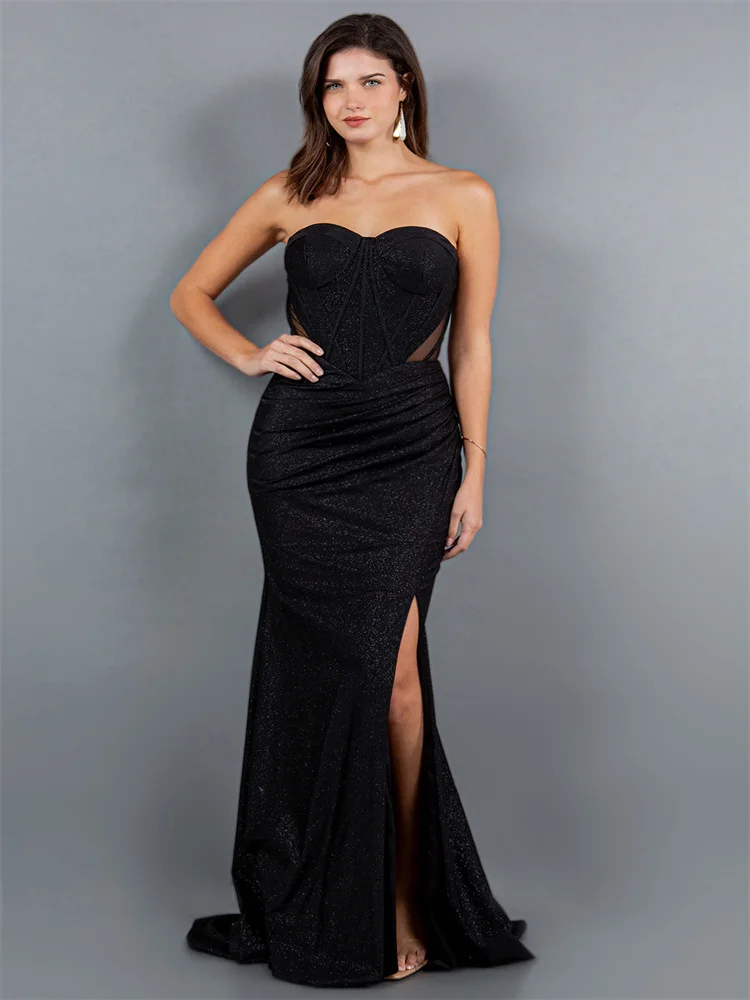 

New Arrival Strapless Sweetheart Bodice Satin Mermaid Prom Dress Elegant Open Back Zipper High Slit Sweep Train Gown For Women