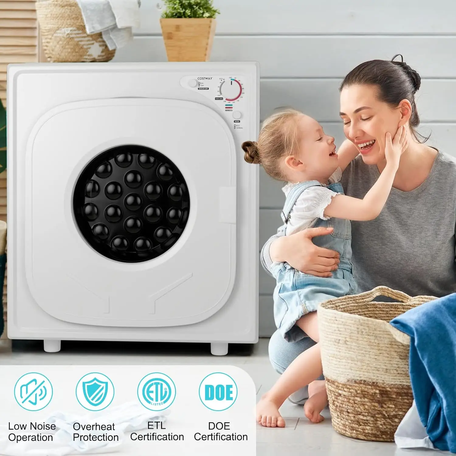 Stainless Steel Clothes Dryer with Touch Panel 2 Modes 4 Drying Programs and Adjustable Exhaust Vent 13.2 LBS Front Load Tumble 2