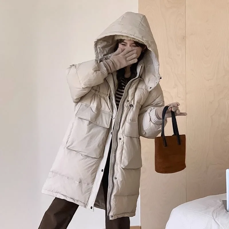 2023 New Women Down Jacket Winter Coat Female Mid Length Version Parkas Loose Thick Warm Outwear Hooded Leisure Time Overcoat