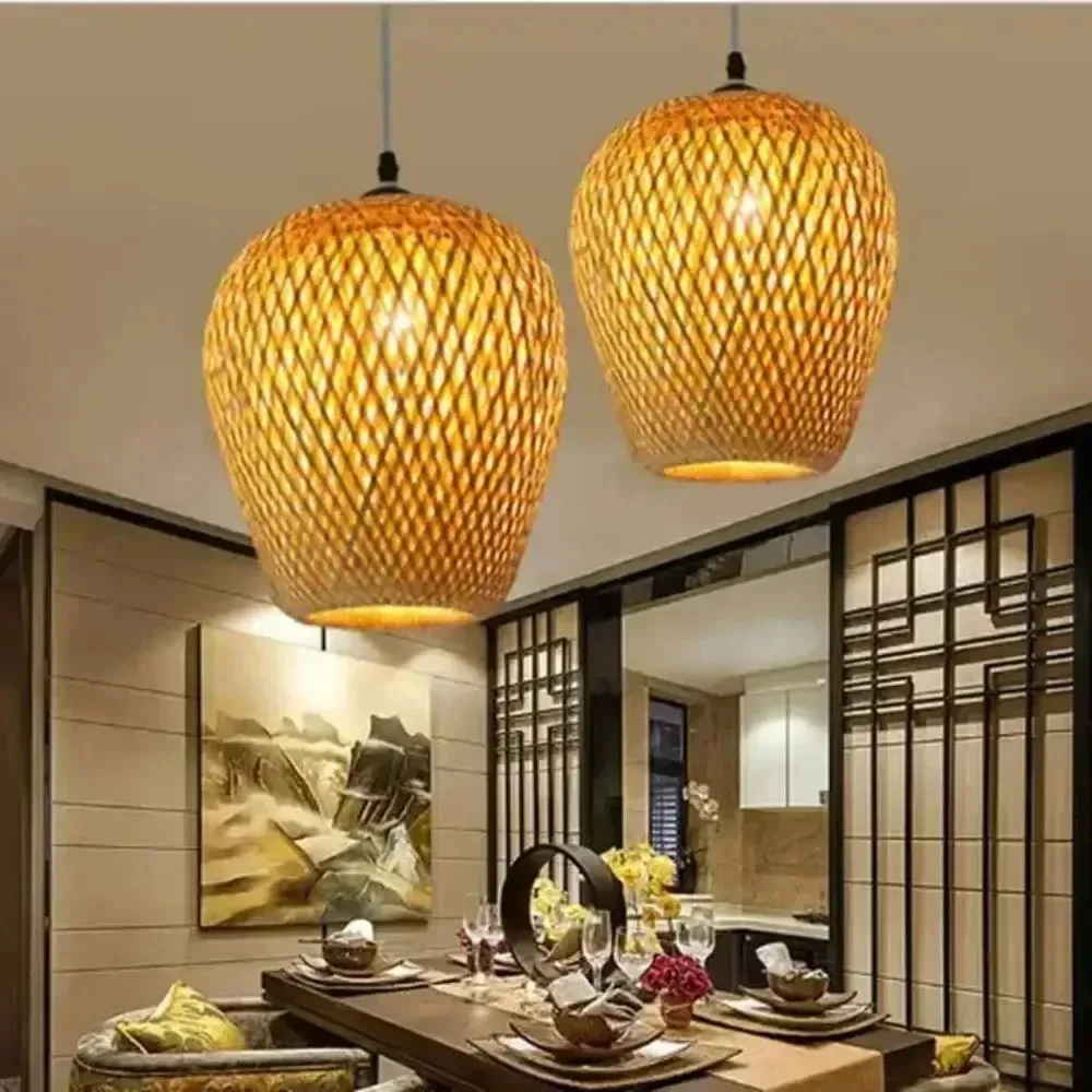 Newest Bamboo Pendant Lamps Ceiling Lights Rattan Wicker Lustre Hand Knit Braiding Suspended Home Dining Braided Decoration