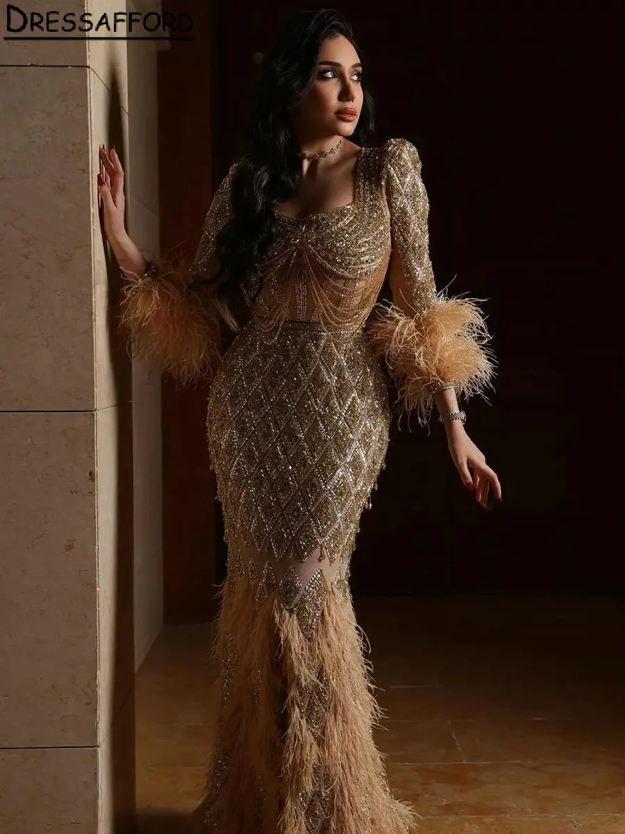 

Gold Luxurious Beading Tassel Feathers Dubai Evening Dresses Mermaid Glitter Crystal Sequined Saudi Arabic Formal Party Gown