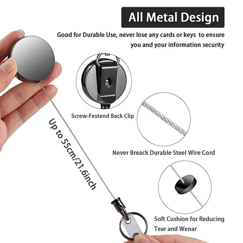 1pc Retractable Keyring Strong Heavy Duty Key Chain Steel Belt Clips Extending Steel Lanyard Reel Cool Fashion Black Key Ring 5