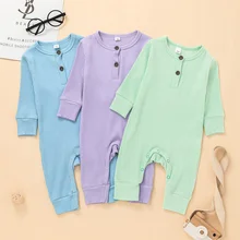 

0-18 Months Newborn Baby Girls Boys Romper Spring Fall Toddlers Simple Style Knitted Rib Solid Color Long Sleeve Button Jumpsuit