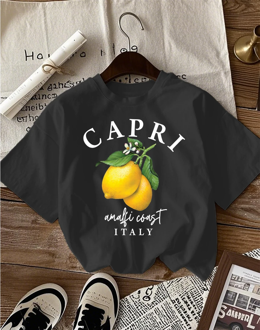 Italian Lemon Print Women's Cotton T-Shirt - O-Neck Short Sleeve Trendy Loose Streetwear Summer Top