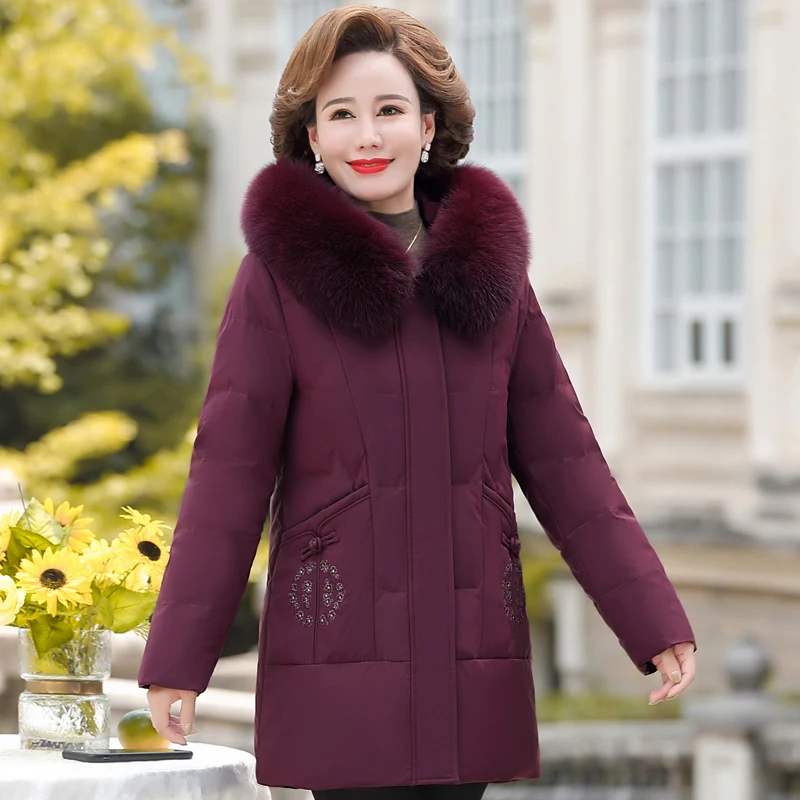 

Middle-aged Women's Winter Down Jackets 2023 New Real Fur Collar Thick Warm White Duck Down Coats for Women Embroidery Parkas