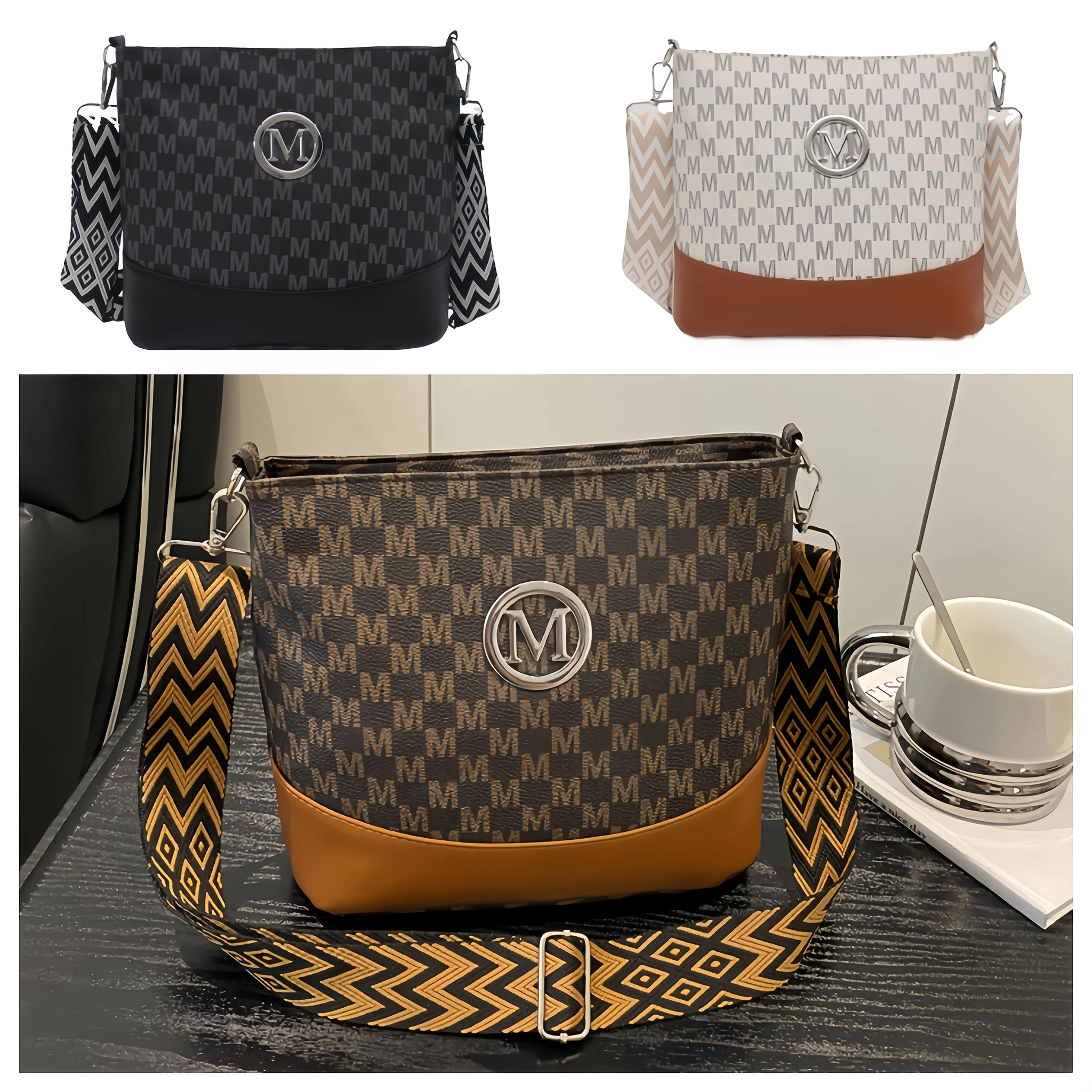 Elegant Women's Multi-Layer Crossbody Tote Bag with Structured Lining - Dark Brown/Black/White - Ideal for Commuting, Shopping, Work, and Everyday Use - Sophisticated Fabric Texture with Letter Print Design - Spacious Interior for Essentials and Travel N