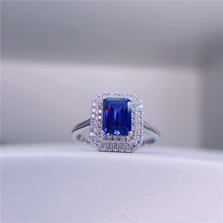 Genuine 18K White Gold Rings Female 2CT Rectangle Sapphire Diamond Wedding Rings For Women Beautiful Birthday Jewelry 4