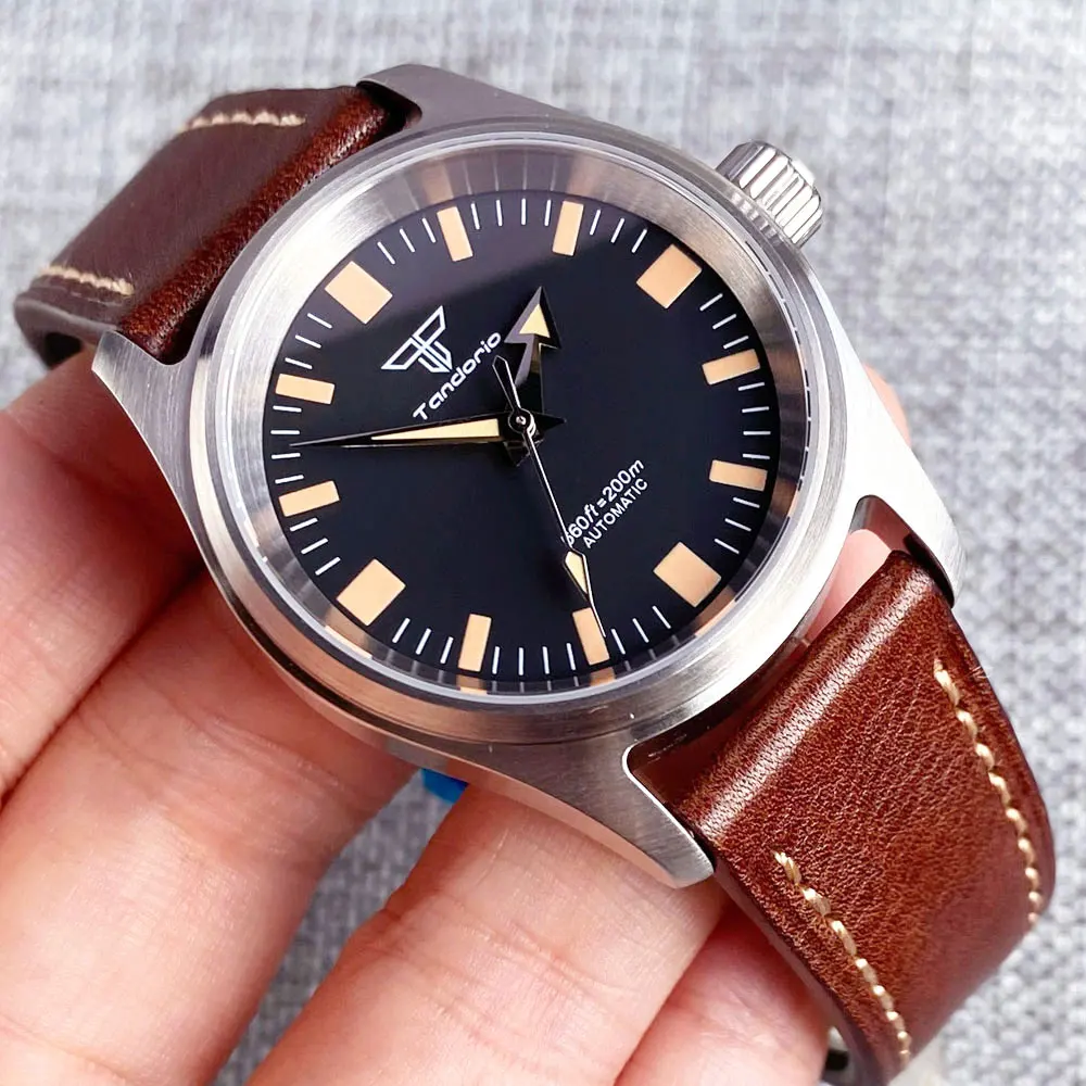 NH35A Tandorio Black Dial 200M Waterproof Diver Automatic Men's Watch Luminous Mark 36mm Sapphire Glass Vintage Leather Strap addiesdive diver watch sapphire glass nh35 men s watch ice hockey dial steel bgw9 luminous 1000m waterproof automatic wristwatch