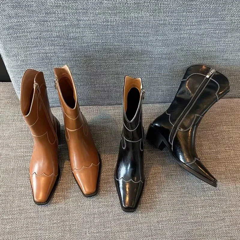 

Дизайнерские новые весенние женские ботинки 2024, ботильоны с острым носком, женская модная обувь на молнии, женские туфли-лодочки на низком каблуке, кожаные короткие ботинки