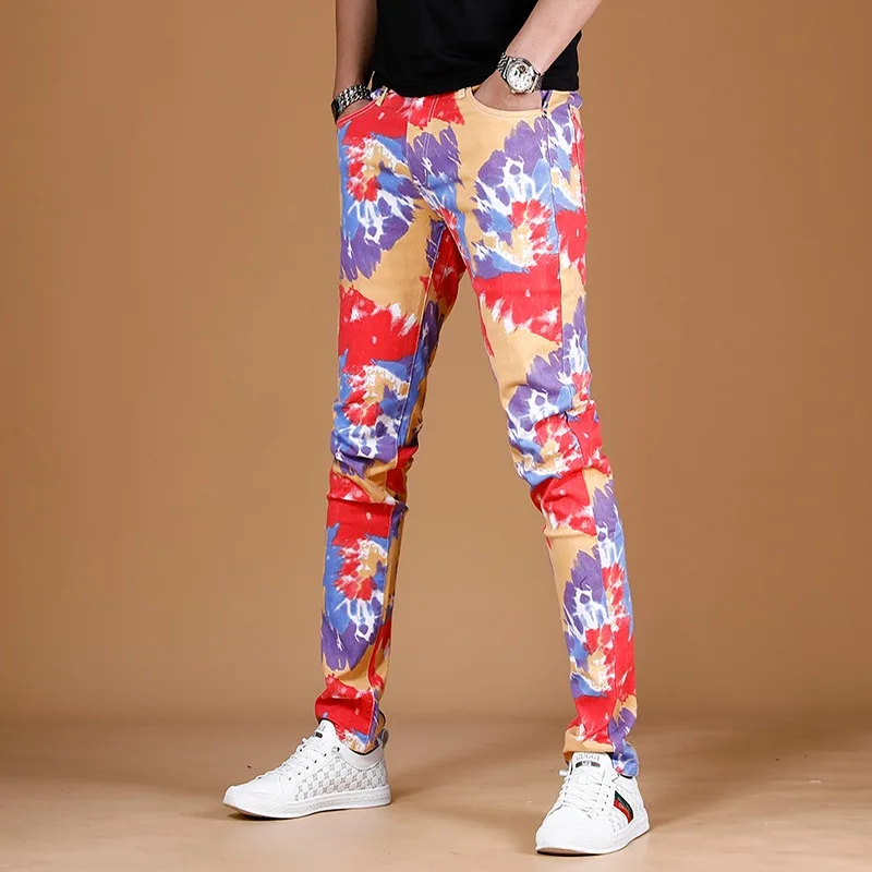 Summer Jeans Men Fashion Colourful Print Pants Streetwear Casual Straight Slim Fit Denim Trousers CP1628