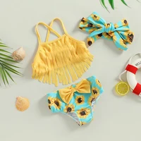 2-7Y Kids Bikini Set Girls Swimwear 2023 Summer Tassel Sling Sunflower Print Bow Bathing Suits Children Beachwear Baby Swimsuits 3