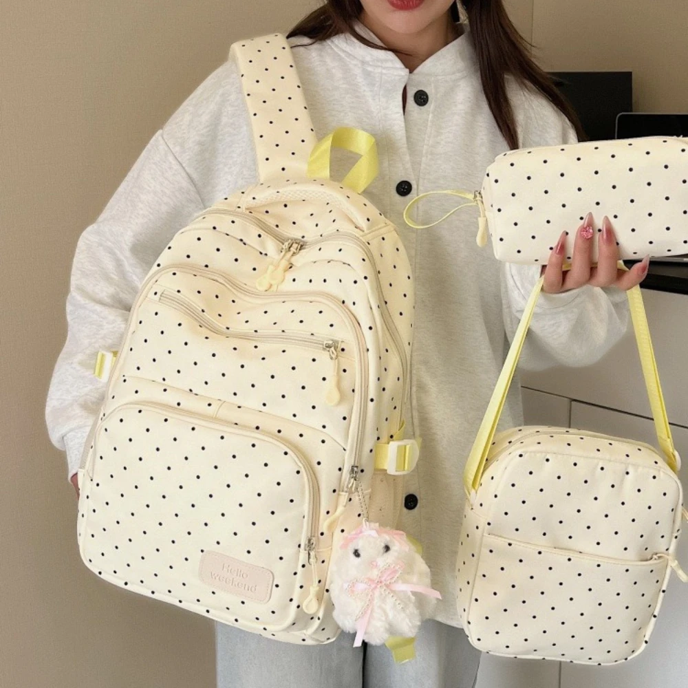 Charming Polka Dot 3-Piece Backpack, Crossbody Bag & Pencil Case Set - Large-Capacity Casual Travel Pack