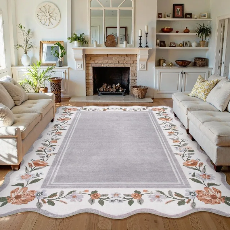 Green Irregular Living Room Carpet Retro Floral Print Bedroom Rug Light Luxury Art Machine Washable Coffee Table Mat Alfombra 러그