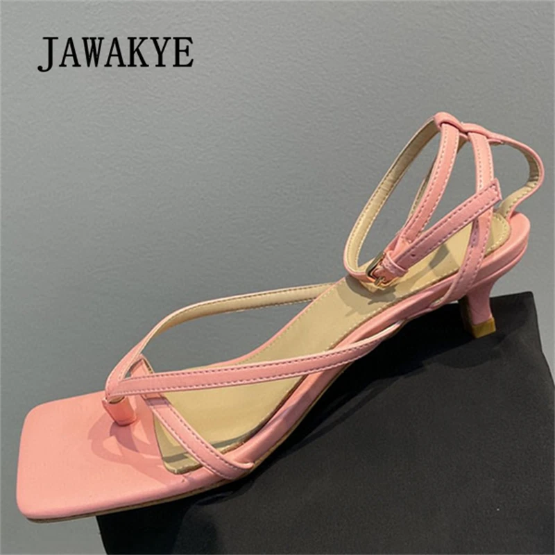 

2023 Summer Square Toe Kitten Heel Flip Flops Sandals Women Sexy Ankle Buckle Sandalias Brand Designer Party Dress Shoes Femme