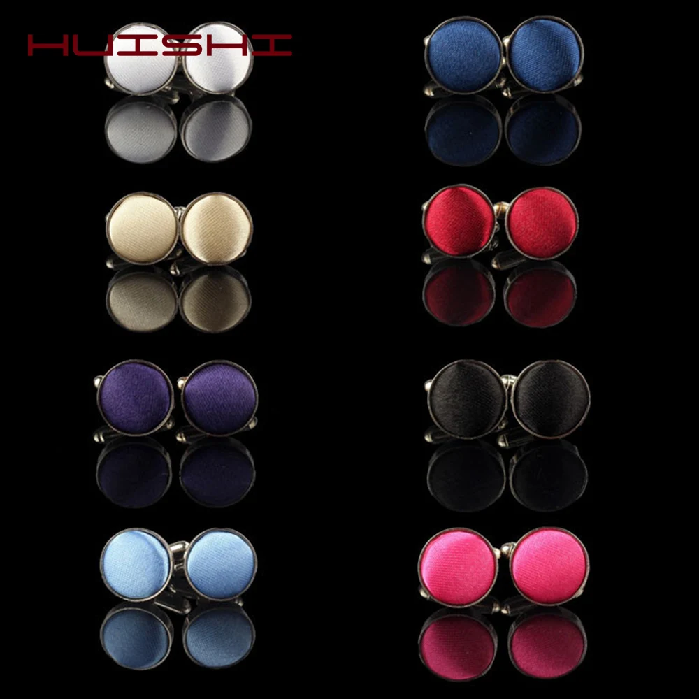 

HUISHI Round Cufflinks Mens For Business Shirt Wedding Party Men Cufflink Solid Cloth Round Cuff links Accessories Wholesales