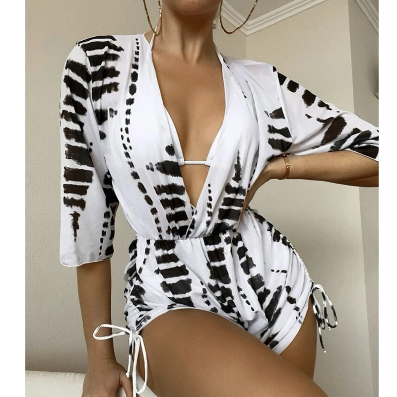 

Women Summer Triangle Bikini Set Print Half Sleeves Drawstring Cover Ups Dress 3 Piece Swimsuit Beachwear