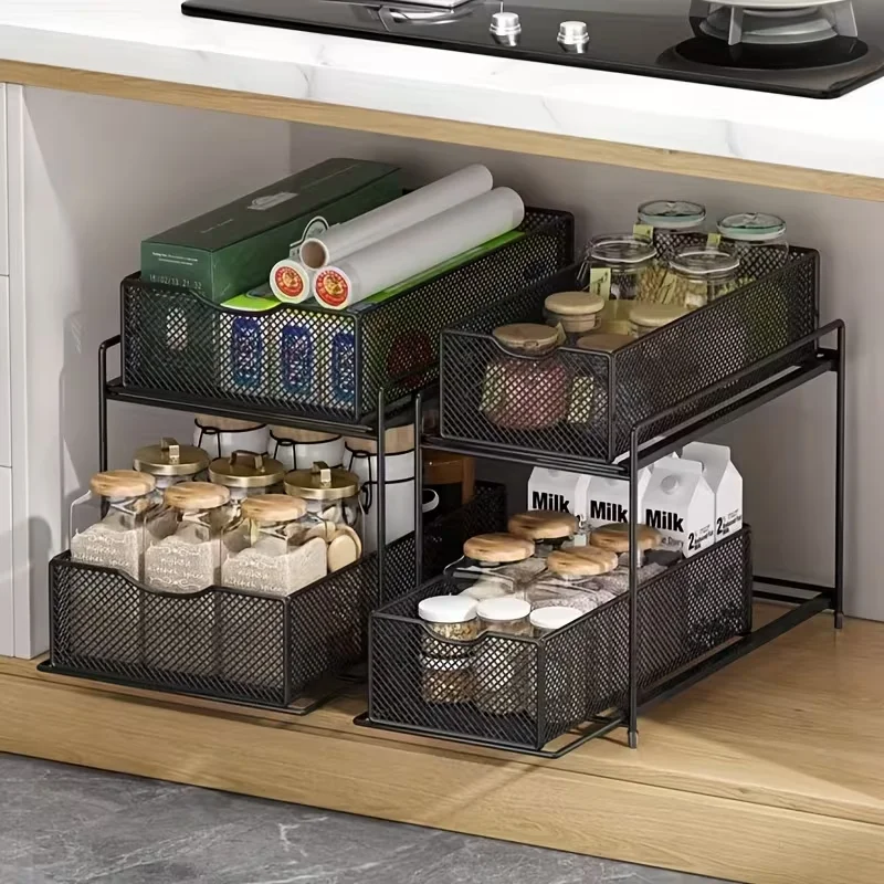 1 double-layer pull-out storage rack, sink storage box, double-layer storage basket, suitable for kitchen, bathroom, living room