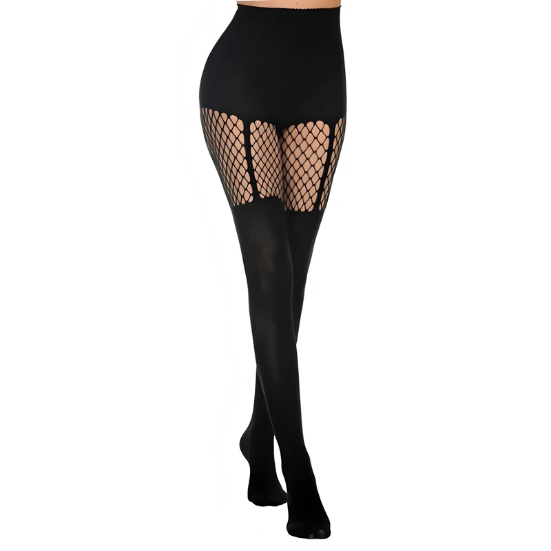 Modische schwarze Gothic-Netzstrumpfhose mit Hohlmuster, im Look einer halbhoher Strumpfhalter-Strumpfhose, sexy Gothic-Netzstrümpfe – Detail 6