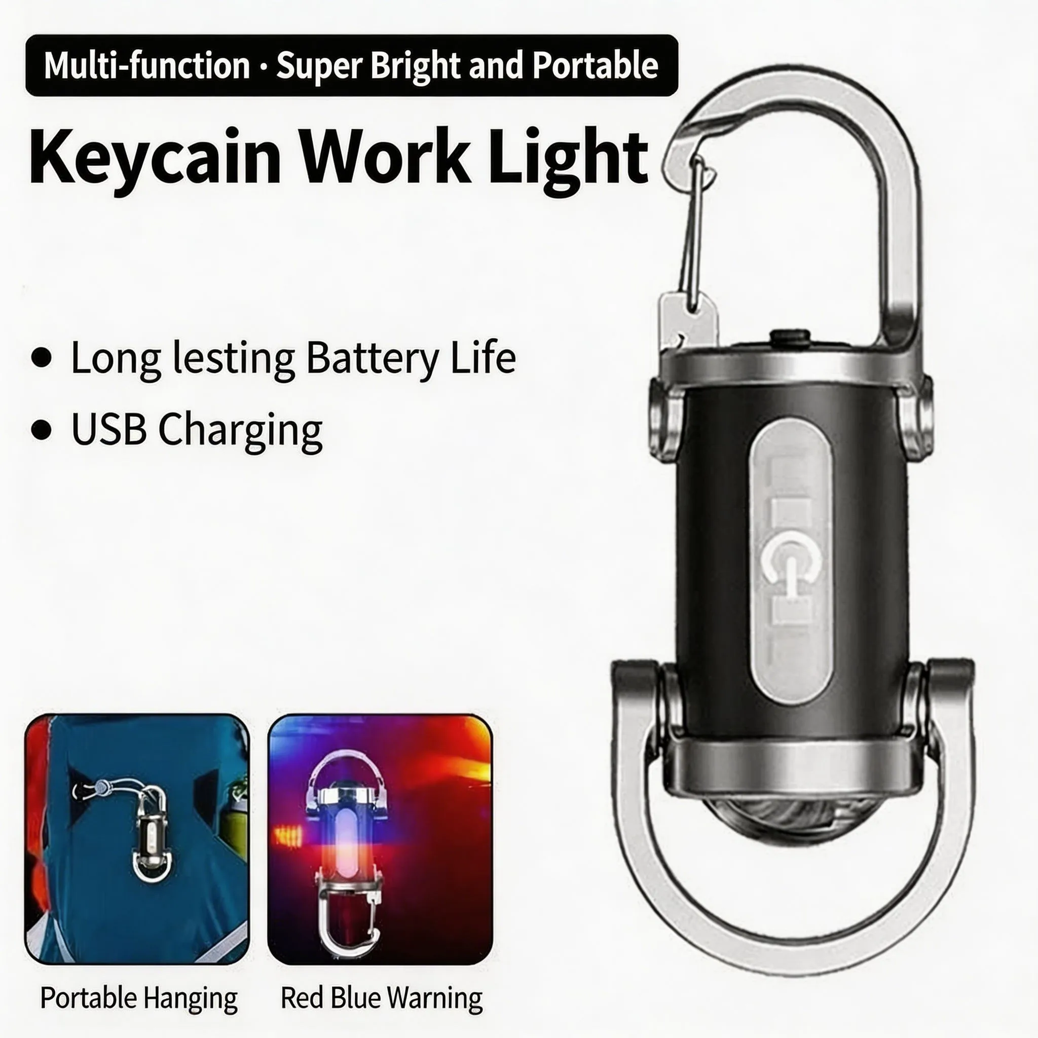 미니 COB LED 키체인 라이트 충전식 포켓 작업등 야외용 후크 비상 경고 손전등 일상 여행용