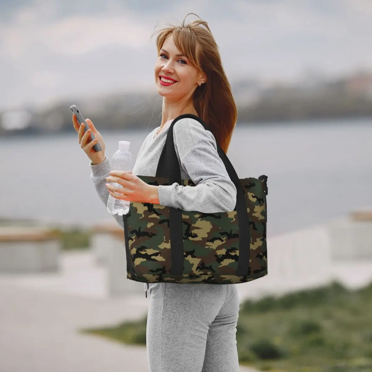 Original Woodland Camo Beach Tote Bag for Women Military Army Camouflage Large Compartment Beach Gym Travel Bags
