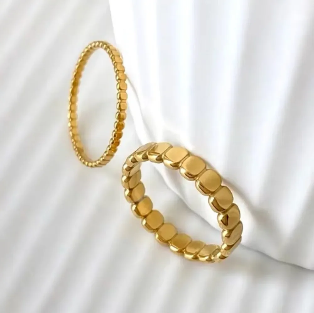 Gold Beaded Stainless Steel Rings for Women - Retro Statement Plain Band Knuckle Stacking Jewelry