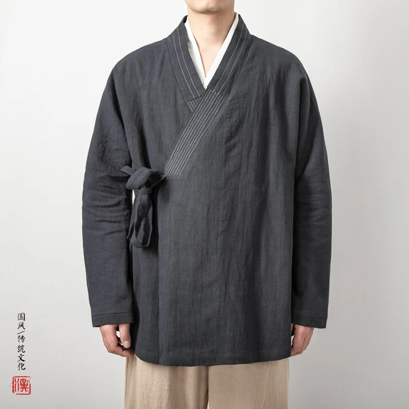 Men's Chinese Style Linen Cardigan Jacket Loose Black Kimono Jacket Solid Color Self-Tie Hanfu Traditional Clothing 4Xl men chinese style shirt hanfu jacket