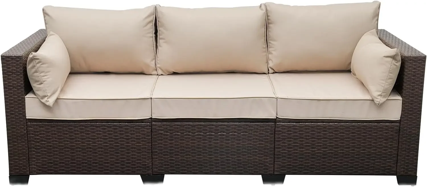 Patio Couch PE Wicker 3-Seat Outdoor Brown Rattan Sofa Deep Seating Furniture with Non-Slip Cushion
