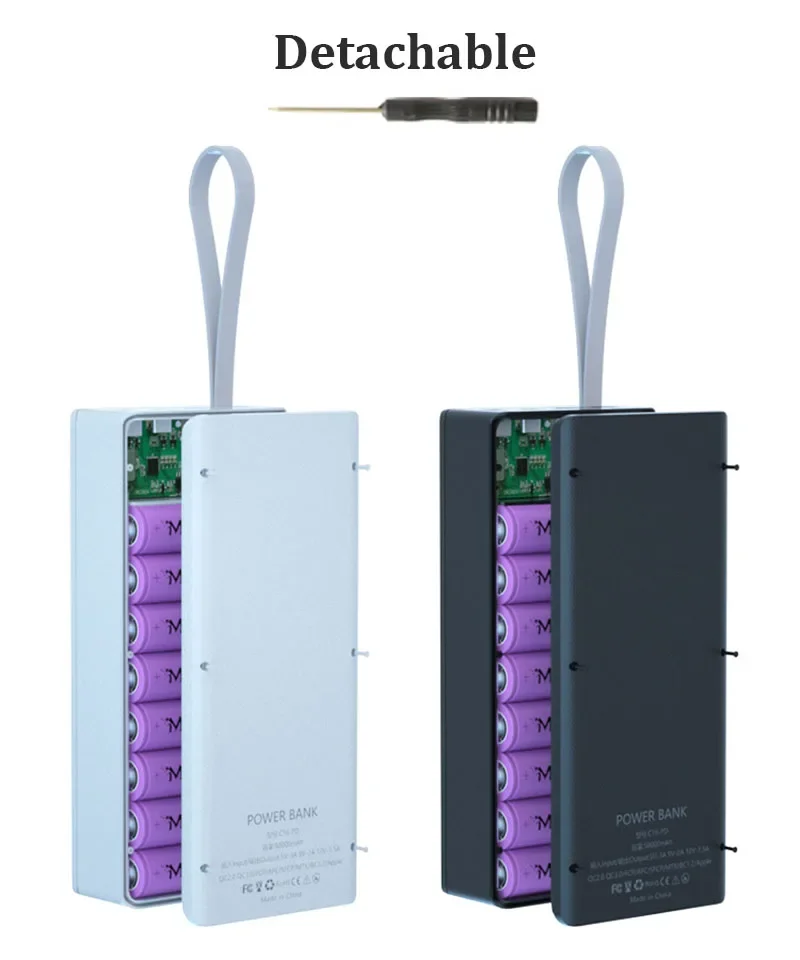 Power Bank Case Battery Charger 16*18650 Detachable Support Quick & Wireless Charging DIY Power Bank Shell without Battery