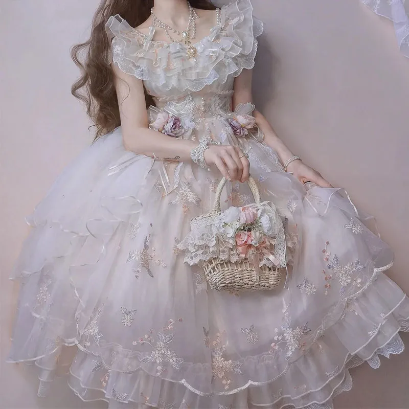 Japanese Sweet Lolita Jsk Dress Bow Ruffles Lace Floral Embroidery Princess Wedding Pettiskirt Cross dresser Sissy COS Dress