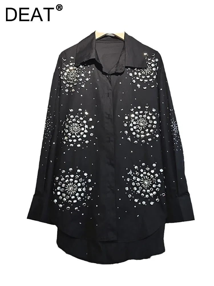

Женская Однотонная рубашка DEAT, свободная тонкая однобортная блузка с бисером ручной работы, весна-лето 2024