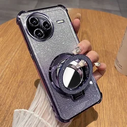 Luxury Plating Glitter Mirror Holder Phone Case - Silicone Shockproof Protective Soft Cover for POCO M6 Pro 4G (Purple)