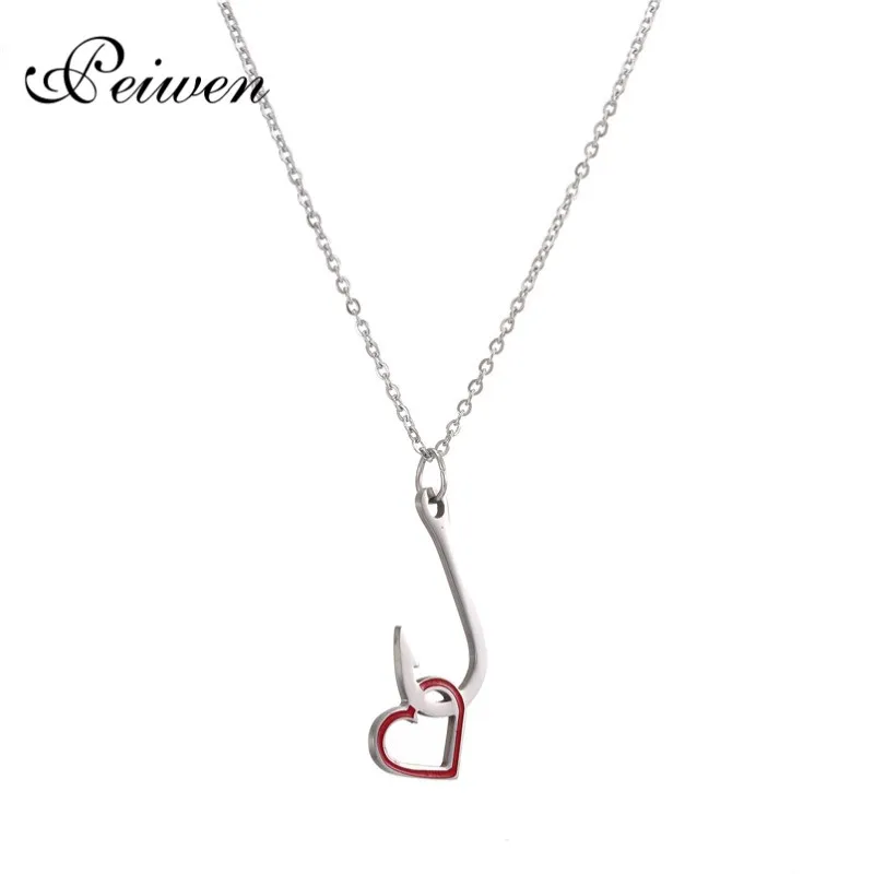 

Catch My Heart Red Hollow Heart Fish Hook Pendants Necklaces for Women Stainless Steel Jewelry Charm Clavicle Chain Wholesale