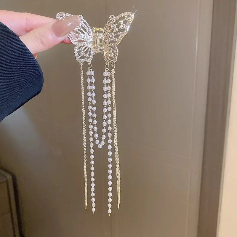 Hair Accessory Butterfly Hair Clip With Long Tassel For Women Elegant Imitation Pearl Rhinestone Shark Hairpins Jewelry