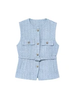 Women's Tweed Waistcoat with Belt, O Neck, Sleeveless, Front Button, Female Outerwear, Chic Tops, Fashion - Image 5
