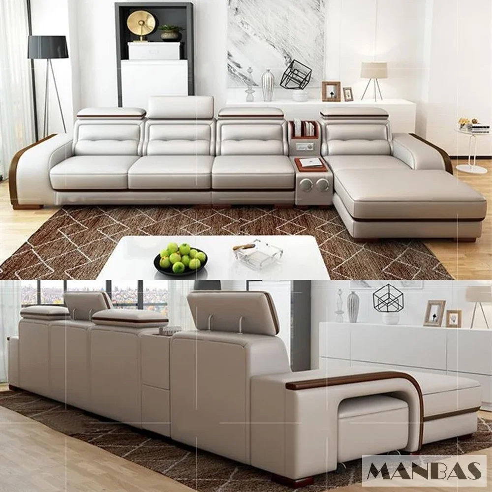 MANBAS Modern Genuine Leather Sofa with Bluetooth Speaker,USB and Adjustable Headrests - Nordic Italian Couch for Living Room