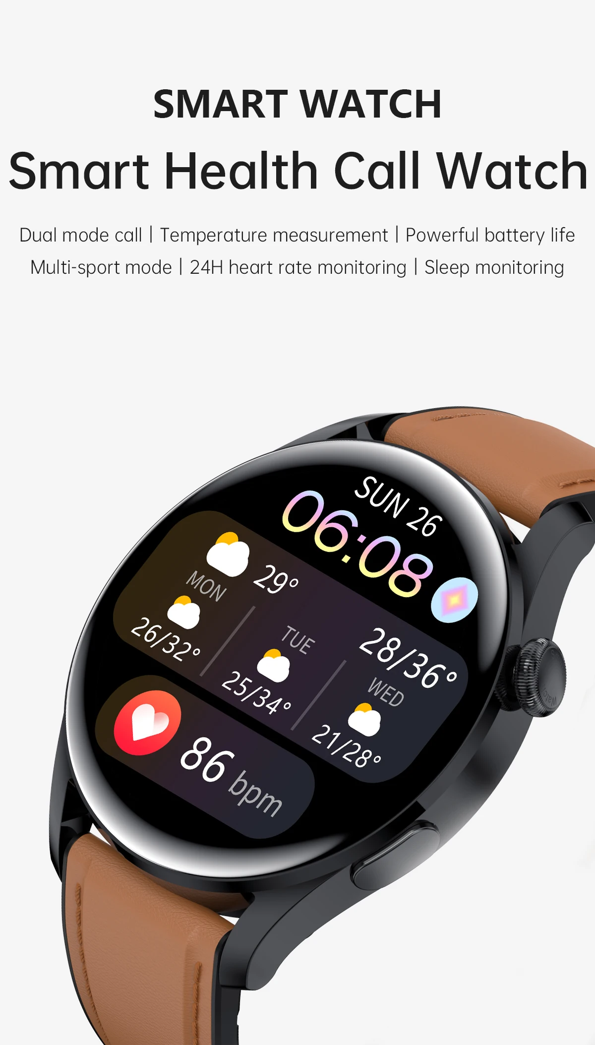 2022 Body temperature Bluetooth-compatibl calling Music control Heart rate Blood pressure  A variety of sports mode Smart watch