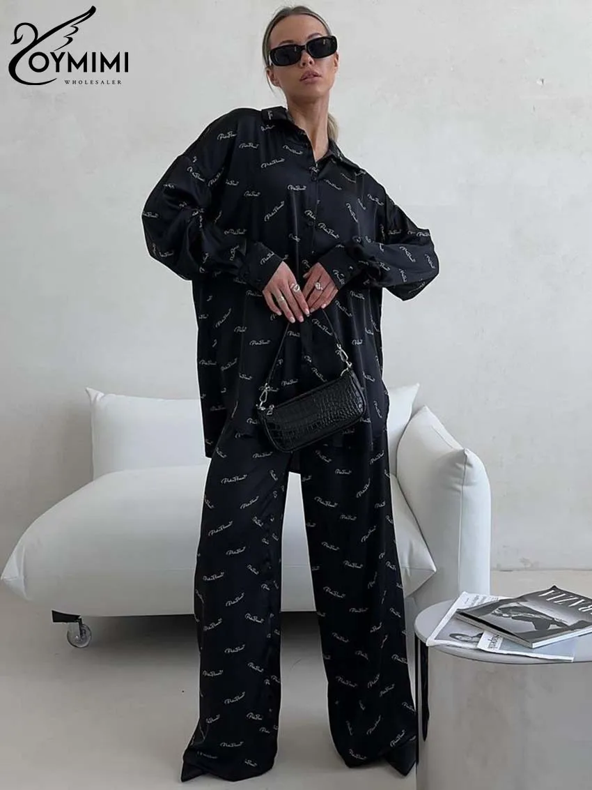 Oymimi Elegant Black Letter Print Sets For Women 2 Pieces Fashion Long Sleeve Button Blouse And Straight Trousers Set Streetwear