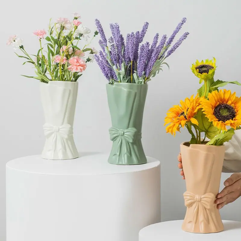 Northern Europe Highend Ceramic Flower Arrangement Device Creative Bow Vase Living Room Bedroom Dining Table Home Decoration 1Pc 4