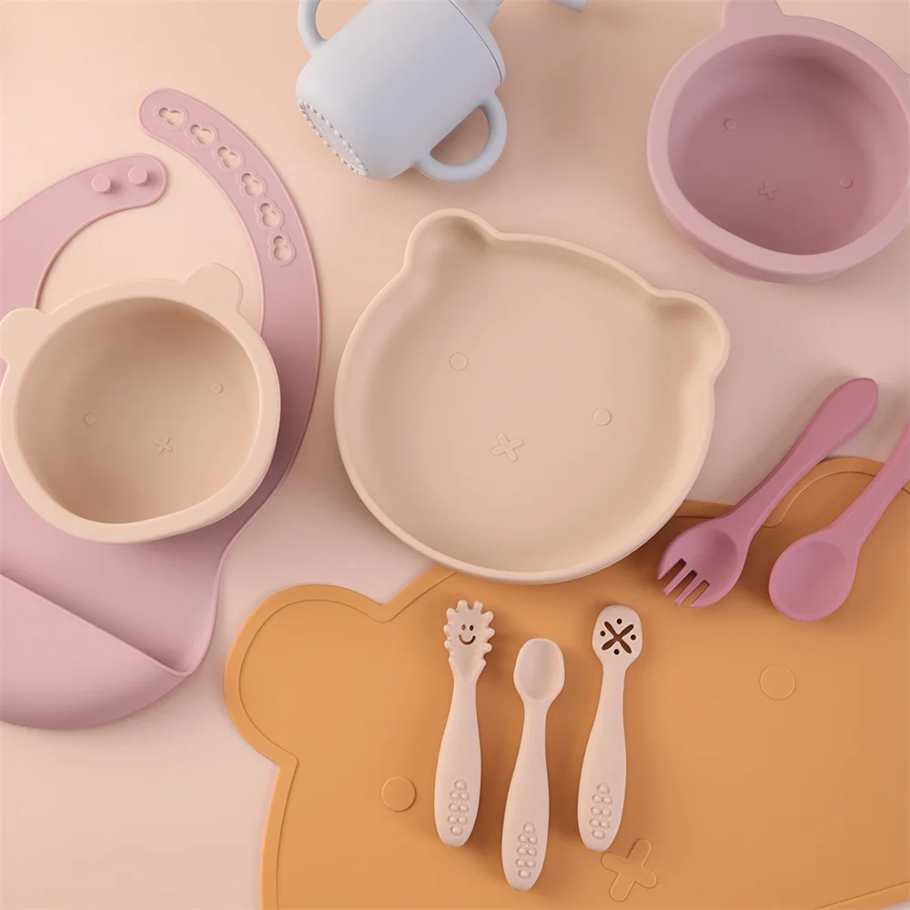 Color Kids 10PCS Soft Silicone Baby Feeding Set Suction Bowl Plate Bib Cup Utensils Waterproof Placemat Toddler Tableware Kit