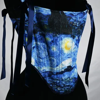 Vintage Women's Corset Lace-up Blue Corsets Crop Top Streetwear Victorian Bustiers Starry Night Moon Luxury Body Shaper Bodice