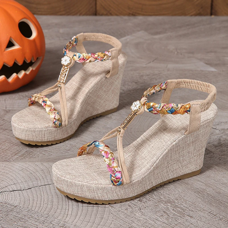 Bohemia Woven Band Wedge Sandals Women Summer Non Slip Thick Bottom Gladiator Sandalias Mujer Slip On High Heel Sandles Woman