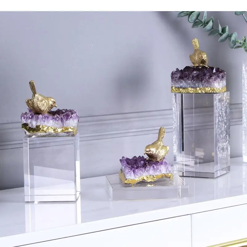 

Purple Crystal Crafts Ornaments Brass Bird Sculpture Abstract Living Room Furnishings Desk Decoration Creative Artwork Statue