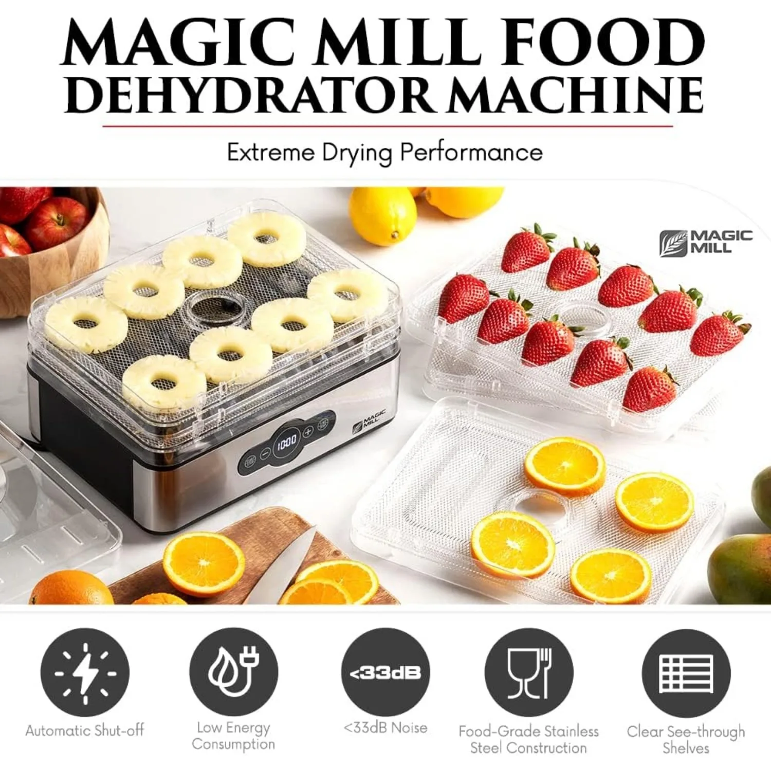 Food Dehydrator Machine 5 Stackable Stainless Steel Trays Jerky Dryer with Digital Adjustable Timer & Temperature Control