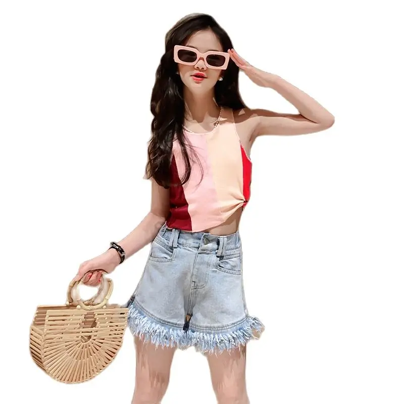

Summer Teenage Girls Suit Sleeveless Colorblock Crop Top+Tassel Denim Shorts 2pcs Girls Outfits Kids Casual Children Clothes Set