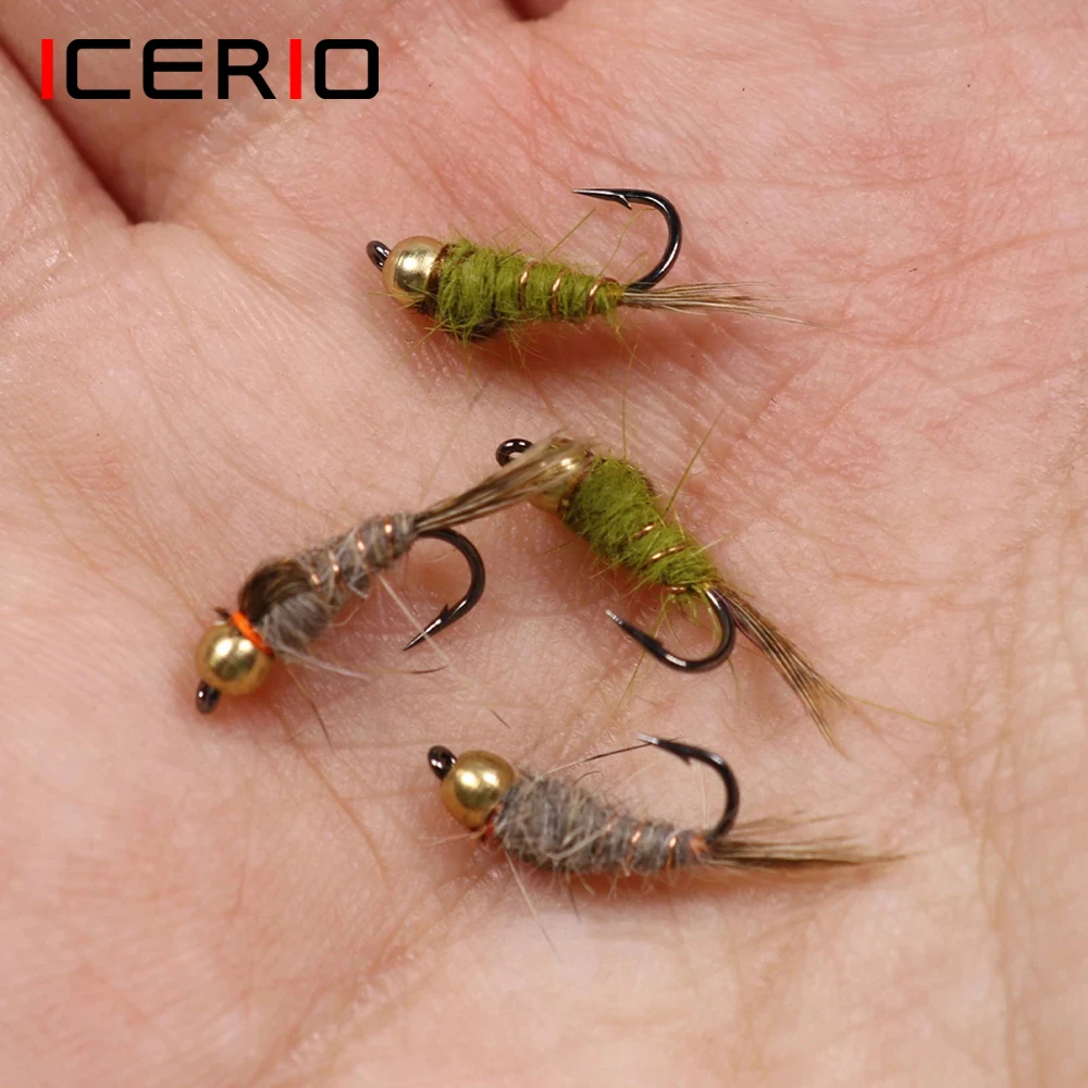 ICERIO 6PCS #14 Olive Grey Brass Bead Hare's Ear Nymph Trout Fishing Wet Fly Artifical Lure Bait