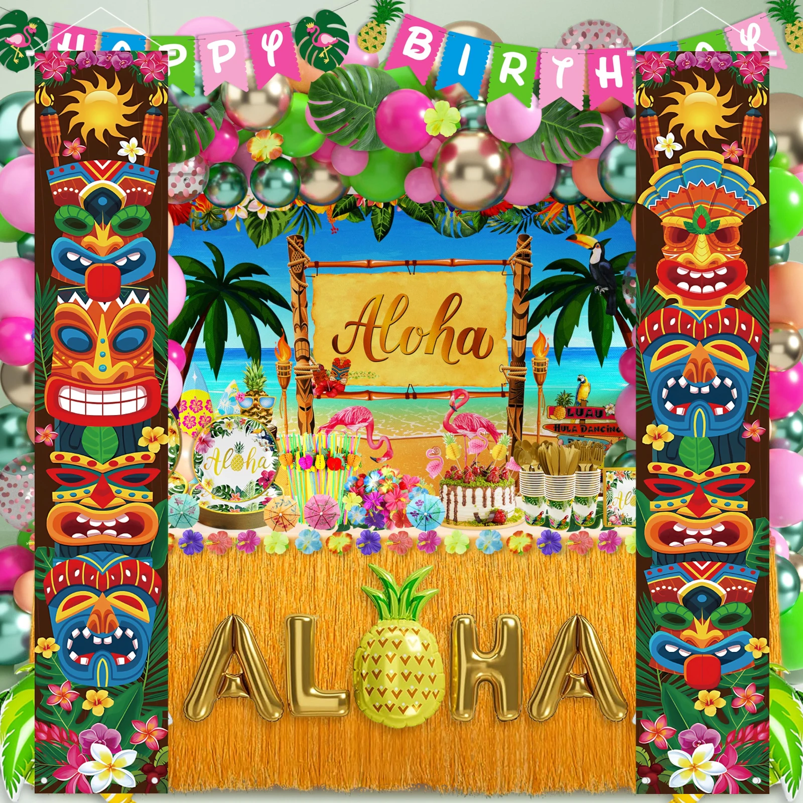 Hawaiian Luau Party Decorations With Lights - Tropical Tiki Banner And Signs