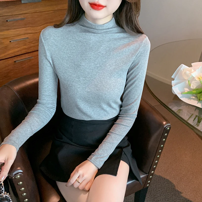Winter New Plush Thickened Half High Neck Fashion and Foreign Style Versatile Fit Solid Color Underlay Top for Women