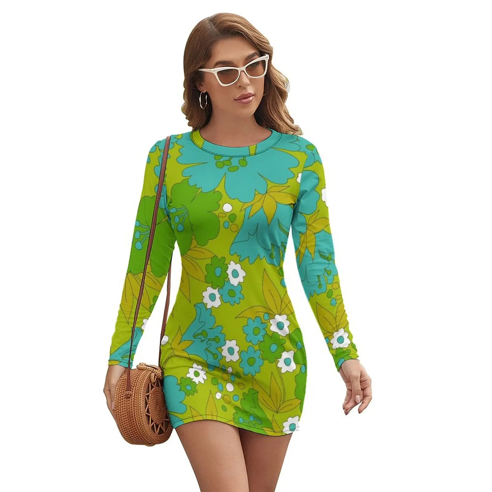 

Green, Turquoise, and White Retro Flower Pattern Long-sleeved Dress Women dresses summer dresses with long sleeves